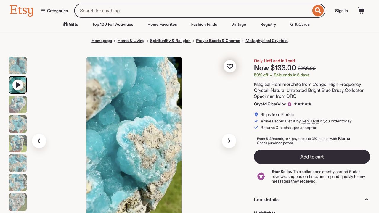 Full Etsy screenshot of CrystalClearVibe’s blue hemimorphite listing, captured September 8, 2026, showing a $133 sale price.